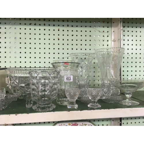 413 - SHELF OF CUT GLASS VASES, BOWLS, EGG CUPS ETC