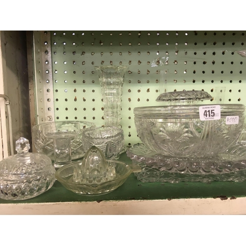 415 - SHELF OF CRYSTAL GOBLETS, VASES, BOWLS ETC