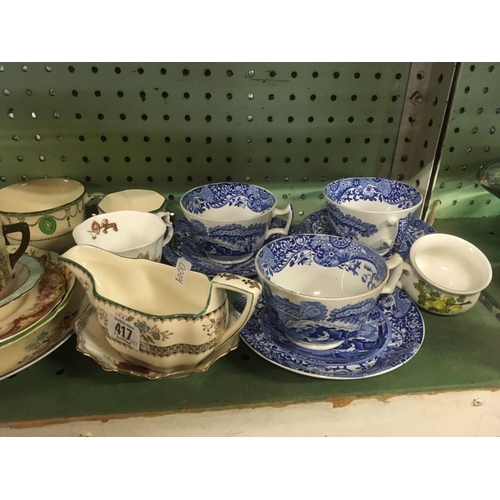 417 - SHELF OF VARIOUS BONE CHINA ETC