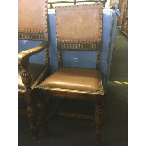 426 - PAIR OF OAK GOTHIC STYLE UPHOLSTERED DINING CHAIRS, 1 - A CARVER