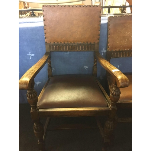 426 - PAIR OF OAK GOTHIC STYLE UPHOLSTERED DINING CHAIRS, 1 - A CARVER