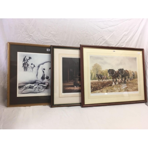 430 - LIMITED EDITION PRINT OF SALUKI DOGS BY STEVEN NESTBITT & 2 LIMITED EDITION PRINTS OF CART HORSES SI... 