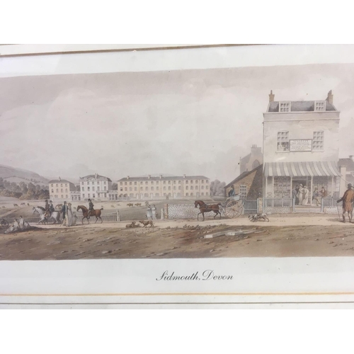 438 - GILT FRAMED GEORGIAN PANORAMIC VIEW OF SIDMOUTH BY HUBERT CORNISH, 4ft 4'' X 14'' & AN OLD PRINT OF ... 