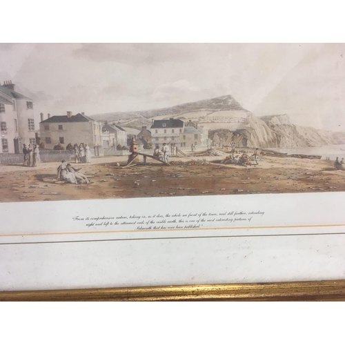 438 - GILT FRAMED GEORGIAN PANORAMIC VIEW OF SIDMOUTH BY HUBERT CORNISH, 4ft 4'' X 14'' & AN OLD PRINT OF ... 