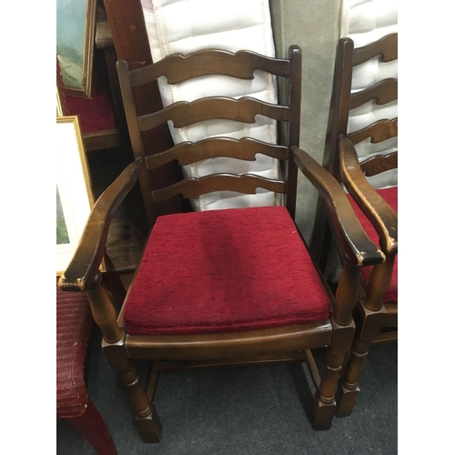 440 - SET OF 6 MODERN UPHOLSTERED LADDER BACK CHAIRS, INCL: 2 CARVERS & ANOTHER UPHOLSTERED CARVER CHAIR