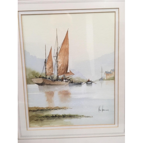 442 - ORIGINAL F/G & MOUNTED  WATERCOLOUR OF A RIVER SCENE BY KEN HAMMOND & A BRIAN HAYES PRINT OF THE TEI... 