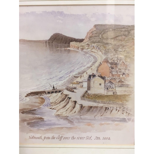 447 - 3 GILT FRAMED PRINTS OF HISTORIC SIDMOUTH, ORIENTAL PRINT OF BIRDS & 2 OF BUTTERFLIES