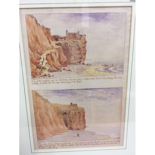 447 - 3 GILT FRAMED PRINTS OF HISTORIC SIDMOUTH, ORIENTAL PRINT OF BIRDS & 2 OF BUTTERFLIES