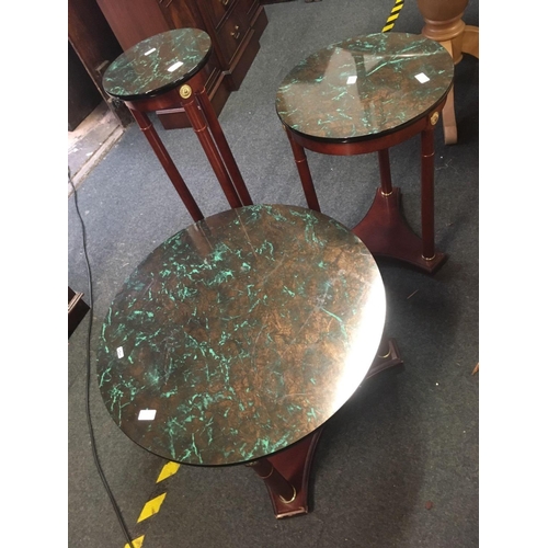 454 - PAIR OF MODERN MAHOGANY CIRCULAR TABLES / PLANT STANDS WITH UNUSUAL TOPS