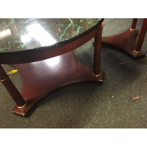 454 - PAIR OF MODERN MAHOGANY CIRCULAR TABLES / PLANT STANDS WITH UNUSUAL TOPS