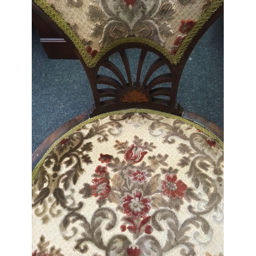 456 - EDWARDIAN INLAID MAHOGANY UPHOLSTERED EASY CHAIR, BACK REPAIRED