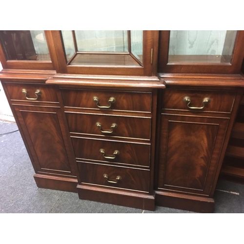 459 - MAHOGANY REPRODUCTION BREAK FRONT DISPLAY CABINET WITH CUPBOARDS & DRAWERS WITH BRASS DROP HANDLES B... 