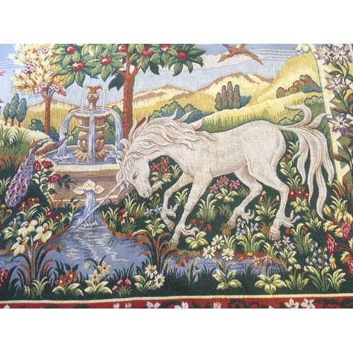 462 - LARGE EMBROIDERED WALL HANGING TAPESTRY OF UNICORN IN LANDSCAPE, 4ft X 3ft