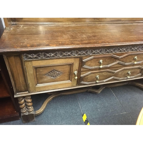 463 - CARVED OAK DRESSER WITH ORNATE LEGS & STRETCHER, BRASS DROP HANDLES ETC, 6ft WIDE X 6ft TALL