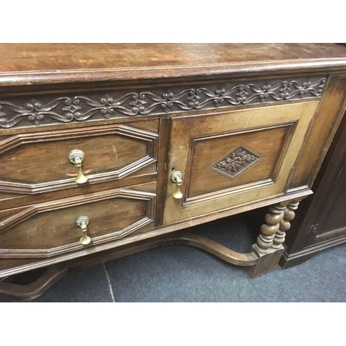 463 - CARVED OAK DRESSER WITH ORNATE LEGS & STRETCHER, BRASS DROP HANDLES ETC, 6ft WIDE X 6ft TALL