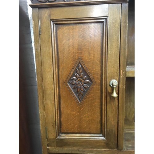 463 - CARVED OAK DRESSER WITH ORNATE LEGS & STRETCHER, BRASS DROP HANDLES ETC, 6ft WIDE X 6ft TALL