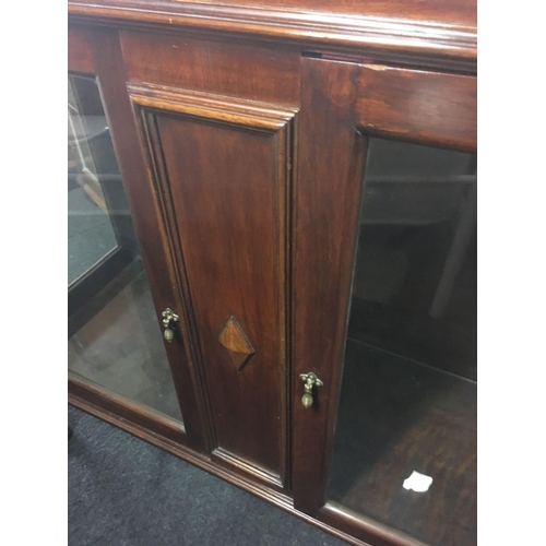 469 - MAHOGANY DISPLAY CABINET WITH BRASS DROP HANDLES, 43'' WIDE