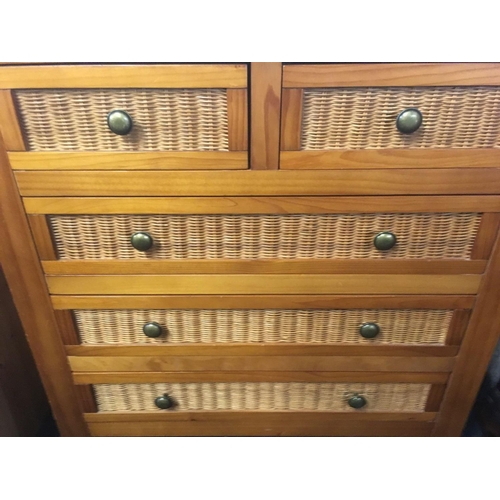 473 - SMALL MODERN PINE CHEST OF 3 LONG & 2 SHORT DRAWERS WITH BASKET WEAVE FRONTS, 32'' WIDE