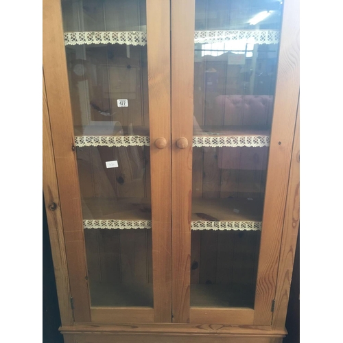 477 - TALL STRIPPED PINE GLASS FRONTED KITCHEN CABINET WITH ADJUSTABLE SHELVING, 6ft 6'' TALL X 33'' WIDE