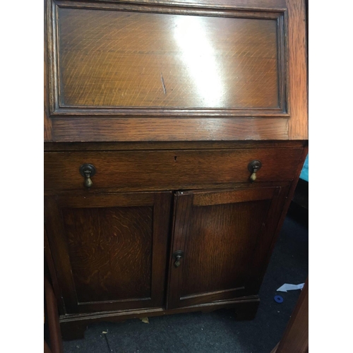 479 - OAK BUREAU BOOKCASE WITH BRASS DROP HANDLES, 6ft TALL X 27'' WIDE