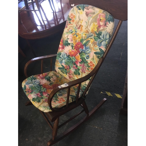 496 - DARK WOOD ROCKING CHAIR WITH FULL LENGTH CUSHION