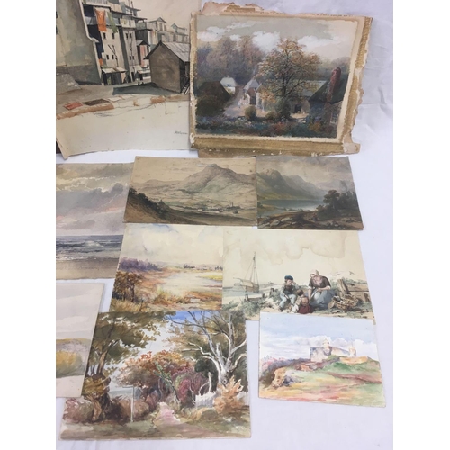 501 - FOLIO OF 12 19/20THC WATERCOLOURS, VARIOUS SUBJECTS.