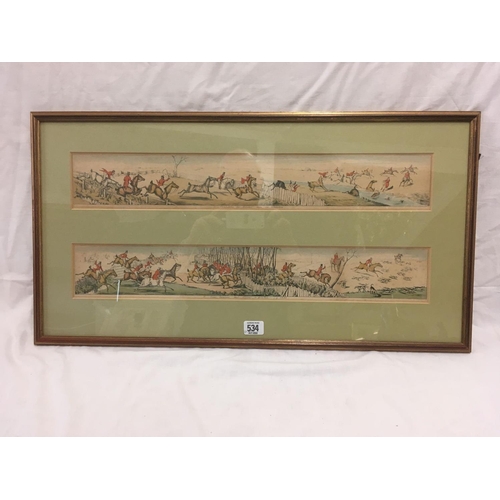 534 - HENRY ALKEN, 2 HAND-COLOURED ANTIQUE ENGRAVINGS, C1822, IN ONE FRAME WITH WRITTEN CAPTIONS BENEATH T... 