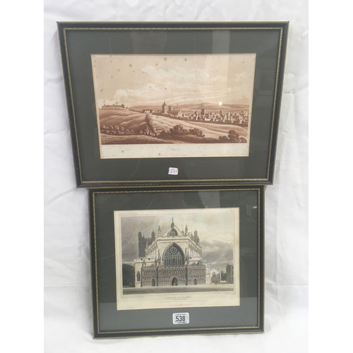 538 - TWO ANTIQUE VIEWS OF EXETER, ONE HAND-COLOURED VIEW OF EXETER CATHEDRAL AND DATED 1825 AND A RARE AQ... 