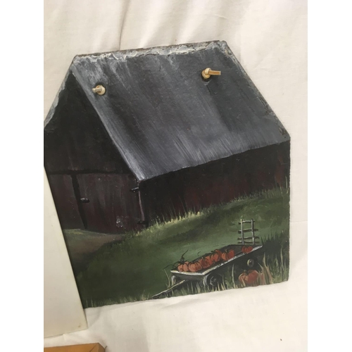 556 - BOX OF ASSORTED PAINTINGS: A VIEW OF A BARN ON SLATE PANEL, STILL LIFE OF FLOWERS, OIL ON MILK GLASS... 