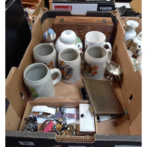 99 - 3 CARTONS OF MISC CHINAWARE INCL: BEER MUGS, TEAPOTS, GLASS BELLS, POKER CHIPS, ROULETTE & TRIVIA PU... 