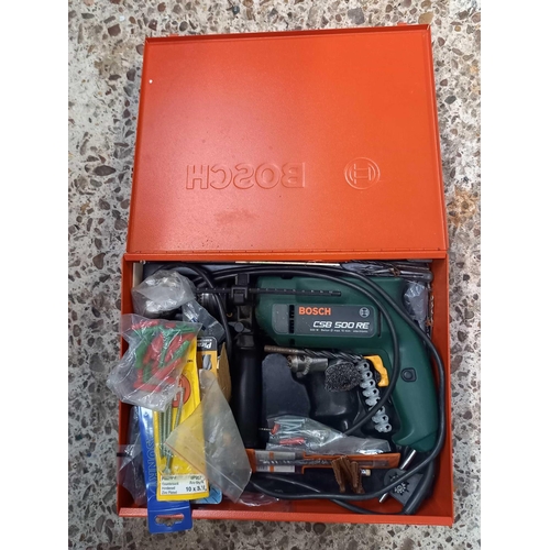 12 - BOSCH POWER DRILL WITH MISC DRILL BITS IN RED METAL CASE
