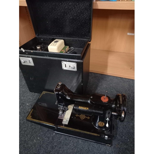 214 - VINTAGE PORTABLE ELECTRIC SINGER SEWING MACHINE IN BOX WITH ACCESSORIES