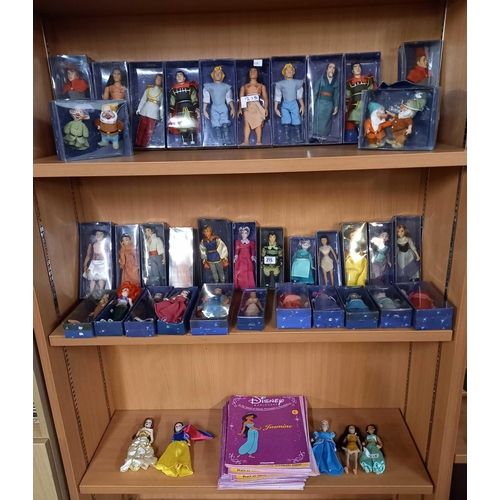 215 - 3 SHELVES OF VINTAGE DISNEY FIGURES IN ORIGINAL BOXES, APPROX 40 & DISNEY PRINCESS MAGAZINES