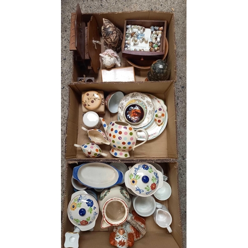 36 - 3 CARTONS OF MISC CHINAWARE INCL; THIMBLE COLLECTION & STANDS PLATES, DISHES, SPOTTED JUG, TEA POT &... 