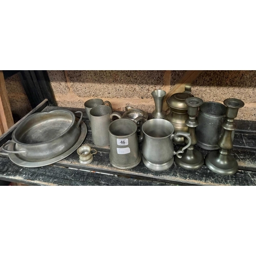 46 - SHELF OF MISC PEWTER WARE