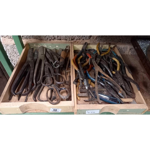 10 - 2 WOODEN TRAYS WITH MISC TIN SNIPS, SCISSORS, WIRE STRIPPERS & PLIERS