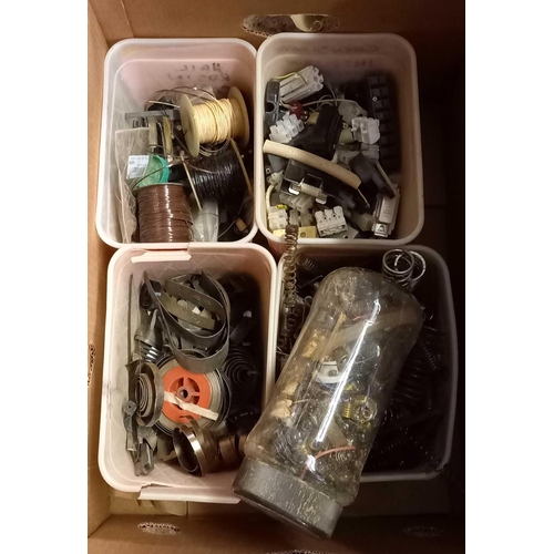 148 - 2 CARTONS WITH A METAL TRAY, OIL STONES, SPRINGS, BULBS & ELECTRICAL FITTINGS