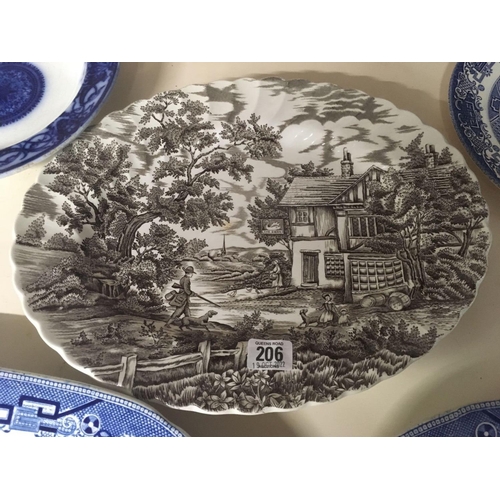 206 - SHELF WITH VARIOUS BLUE & WHITE MEAT PLATES & PLATES INCL; 'THE HUNTER' BY MYOTT