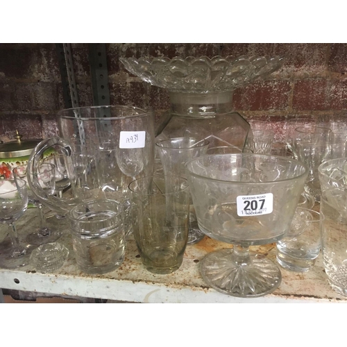 207 - SHELF OF MISC GLASSWARE, MAINLY DRINKING GLASSES