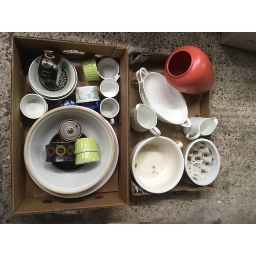 213 - 2 CARTONS OF MIXED CHINAWARE INCL; CHAMBER POTS, MIXING BOWLS, MUGS