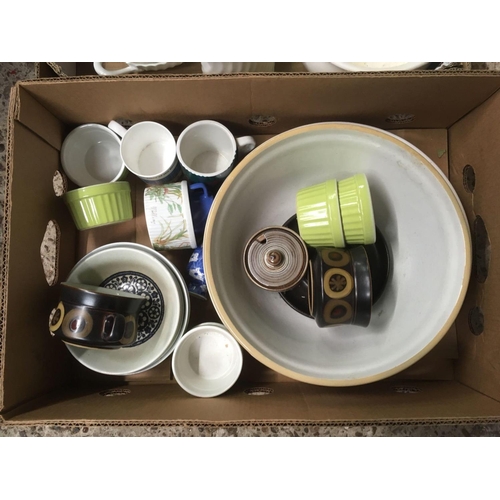 213 - 2 CARTONS OF MIXED CHINAWARE INCL; CHAMBER POTS, MIXING BOWLS, MUGS