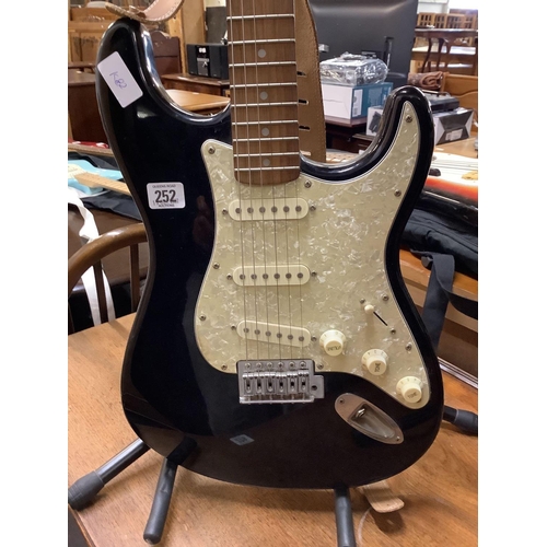 252 - SQUIER FENDER STRAT ELECTRIC GUITAR WITH STRAP & STAND