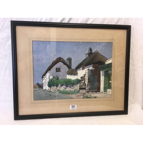 511 - THOMAS MAIDMENT: SIGNED WATERCOLOUR OF A DEVON VILLAGE VIEW WITH THATCHED COTTAGES, 10'' X 14''