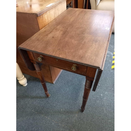 640 - ANTIQUE DROP FLAP TABLE ON CASTERS WITH SINGLE DRAWER