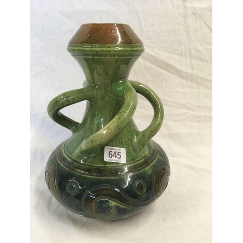 645 - BARUM STYLE GREEN PATTERNED JUG WITH TWIST HANDLES