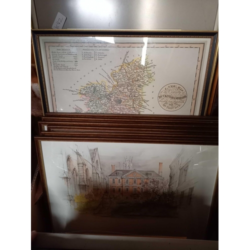 78 - CARTON WITH MISC F/G PICTURES INCL; A MIRROR & A MAP OF THE COUNTY OF BUCKINGHAMSHIRE