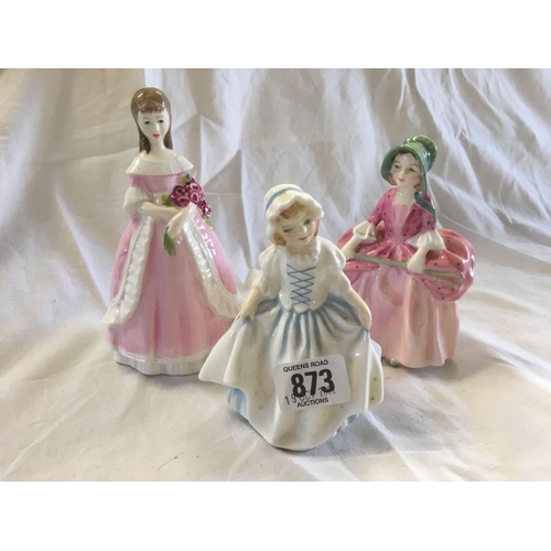 873 - 2 SMALL ROYAL DOULTON FIGURES, DINKY DOO HN3618 , BO PEEP HN1811 & A WORCESTER FIGURE, MODESTY