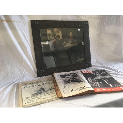 888 - COPPER FRAMED SCOTTISH PICTURE, A FOLDER OF PICTURE POST MAGAZINES & A TITANIC COMMEMORATIVE RE-PRIN... 