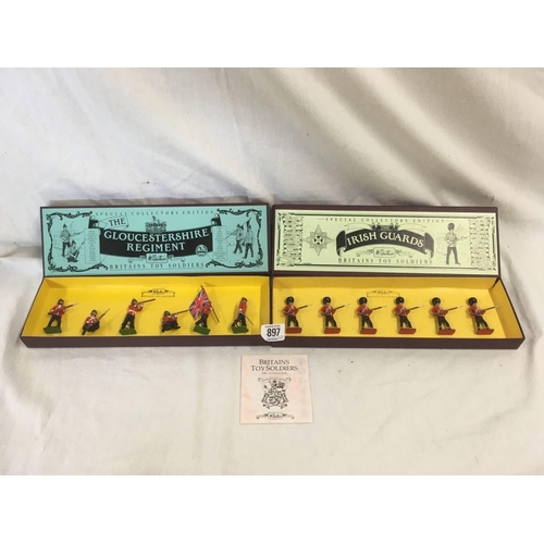 897 - 2 BOXED BRITTONS TOY SOLDIERS, GLOUCESTERSHIRE REGIMENT 8809 & THE IRISH GUARDS 8805