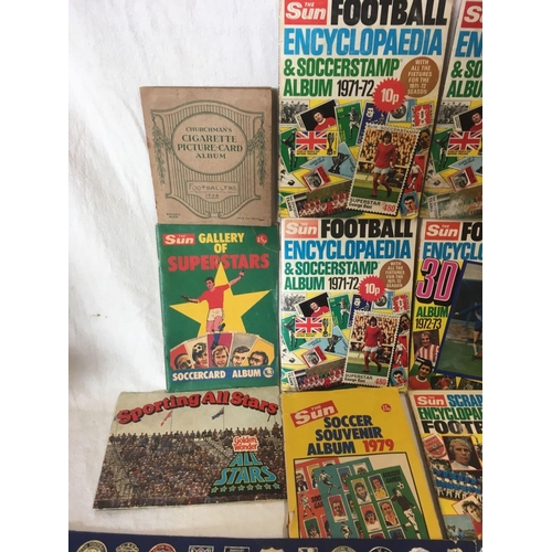 902 - CARTON WITH SUN FOOTBALL ALBUMS, CHURCHMAN CIGAR CARDS & ESSO CLUB BADGES